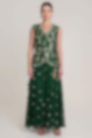 Green Raw Silk Sequins Embroidered Overlap Tunic Set by Keith Gomes at Pernia's Pop Up Shop