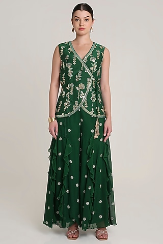 Green Raw Silk Sequins Embroidered Overlap Tunic Set by Keith Gomes