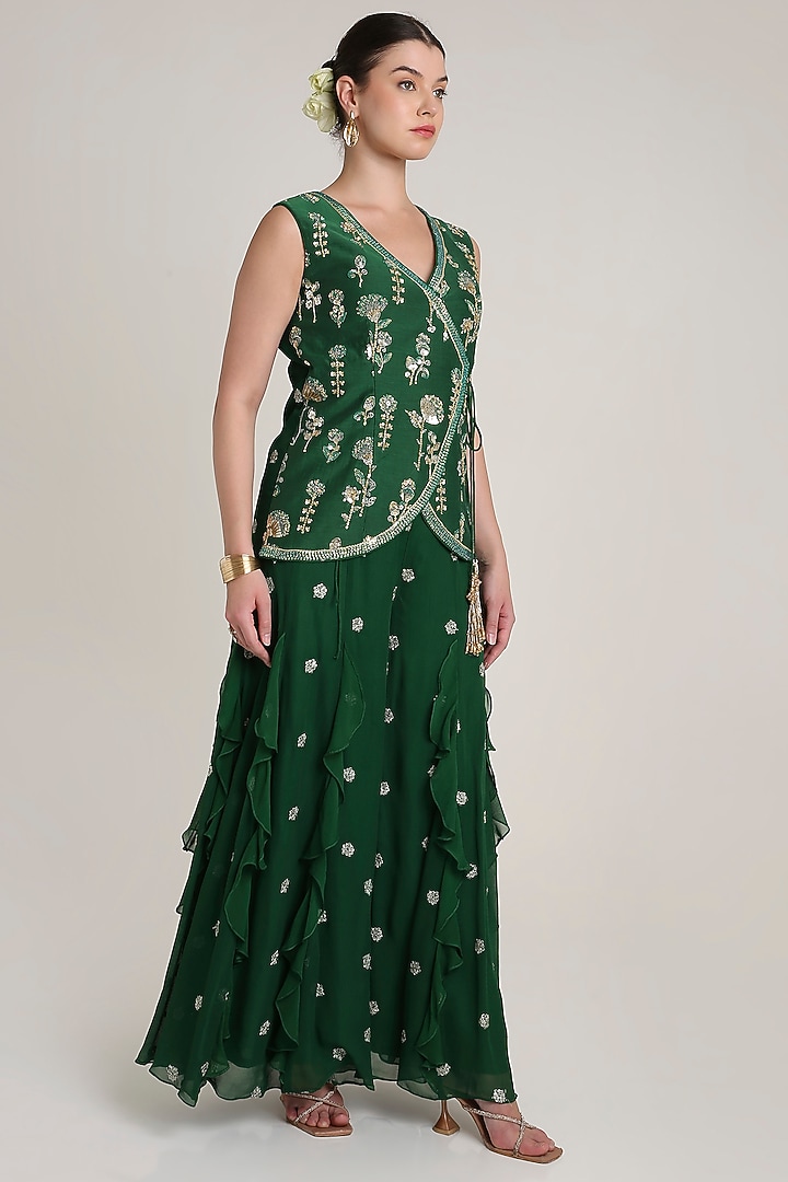 Green Raw Silk Sequins Embroidered Overlap Tunic Set by Keith Gomes at Pernia's Pop Up Shop