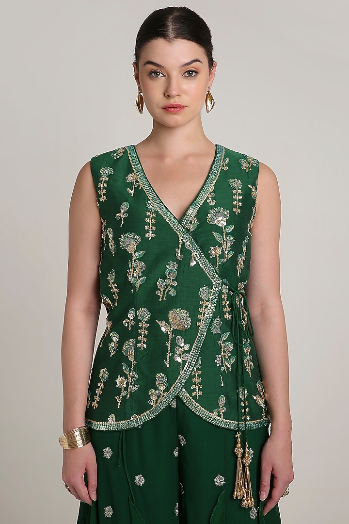 Green Raw Silk Sequins Embroidered Overlap Tunic Set by Keith Gomes at Pernia's Pop Up Shop