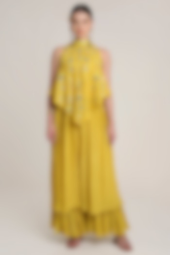 Mustard Yellow Silk Tissue Sequins Embroidered Tunic Set by Keith Gomes at Pernia's Pop Up Shop