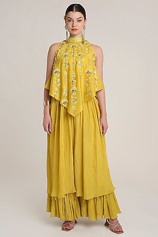 Mustard Yellow Silk Tissue Sequins Embroidered Tunic Set by Keith Gomes