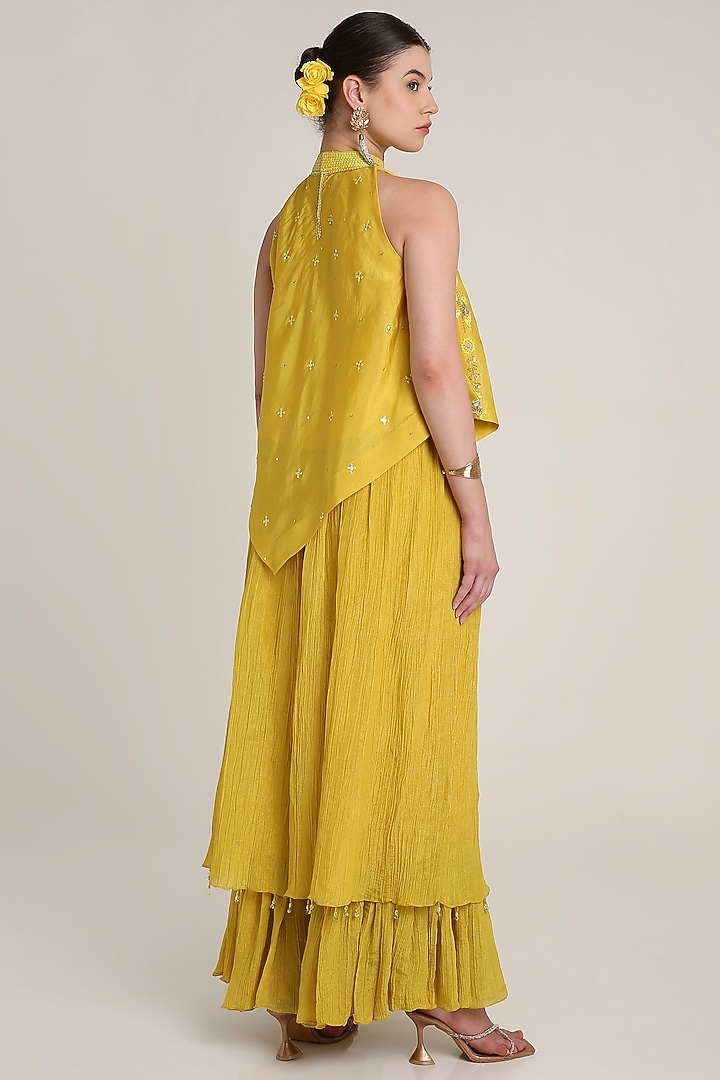 Mustard Yellow Silk Tissue Sequins Embroidered Tunic Set by Keith Gomes at Pernia's Pop Up Shop