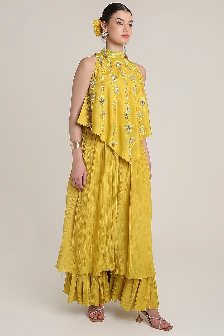 Mustard Yellow Silk Tissue Sequins Embroidered Tunic Set by Keith Gomes at Pernia's Pop Up Shop