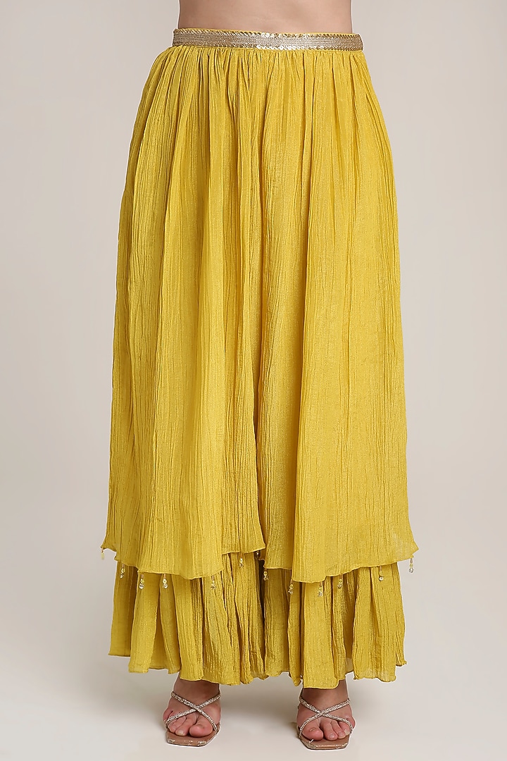 Mustard Yellow Silk Tissue Sequins Embroidered Tunic Set by Keith Gomes at Pernia's Pop Up Shop