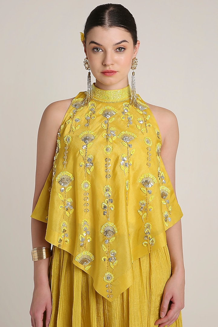 Mustard Yellow Silk Tissue Sequins Embroidered Tunic Set by Keith Gomes at Pernia's Pop Up Shop