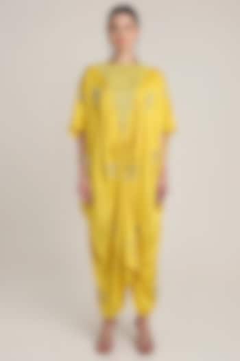 Mustard Yellow Satin Floral Embroidered Kaftan by Keith Gomes at Pernia's Pop Up Shop