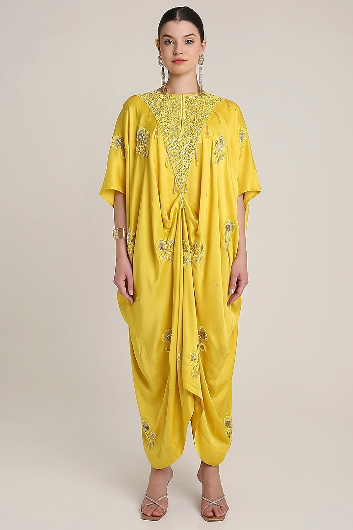 Mustard Yellow Satin Floral Embroidered Kaftan by Keith Gomes at Pernia's Pop Up Shop