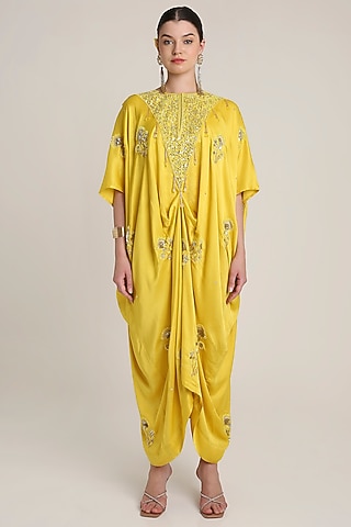 Mustard Yellow Satin Floral Embroidered Kaftan by Keith Gomes