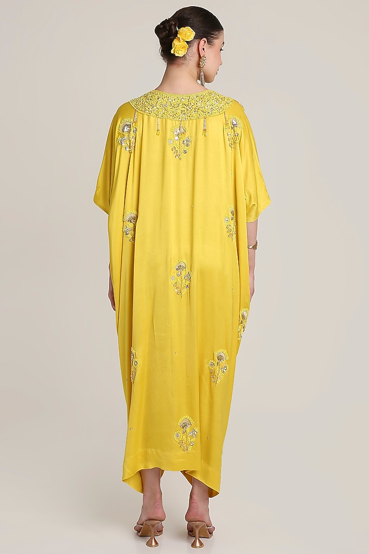 Mustard Yellow Satin Floral Embroidered Kaftan by Keith Gomes at Pernia's Pop Up Shop