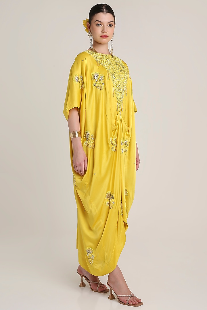 Mustard Yellow Satin Floral Embroidered Kaftan by Keith Gomes at Pernia's Pop Up Shop