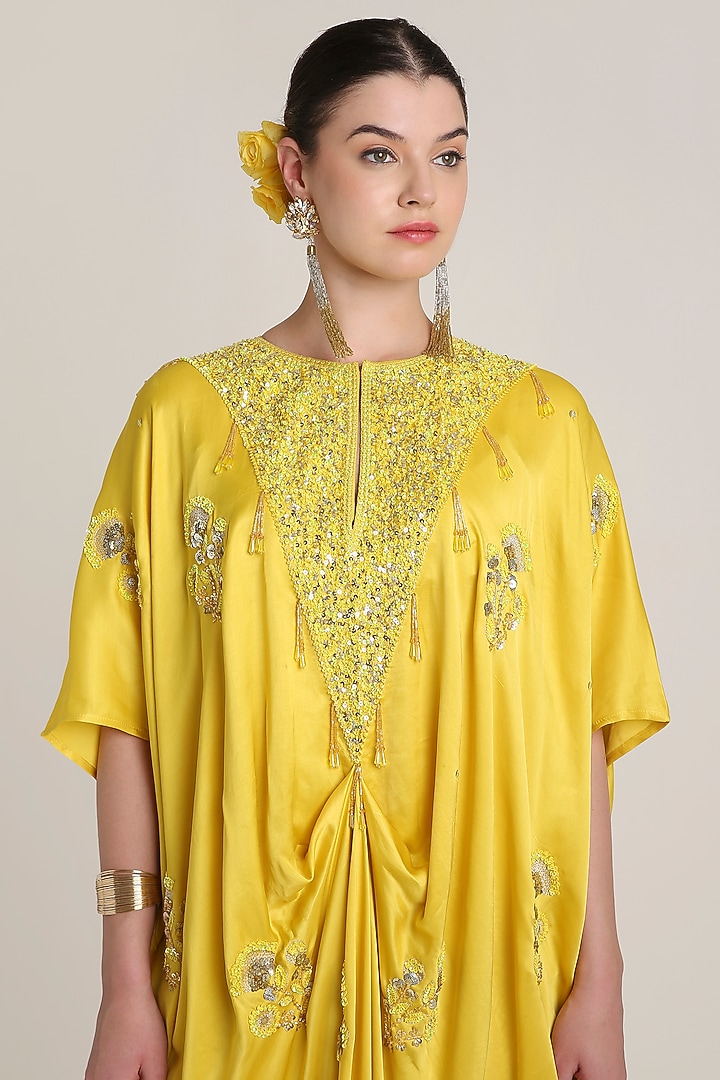 Mustard Yellow Satin Floral Embroidered Kaftan by Keith Gomes at Pernia's Pop Up Shop