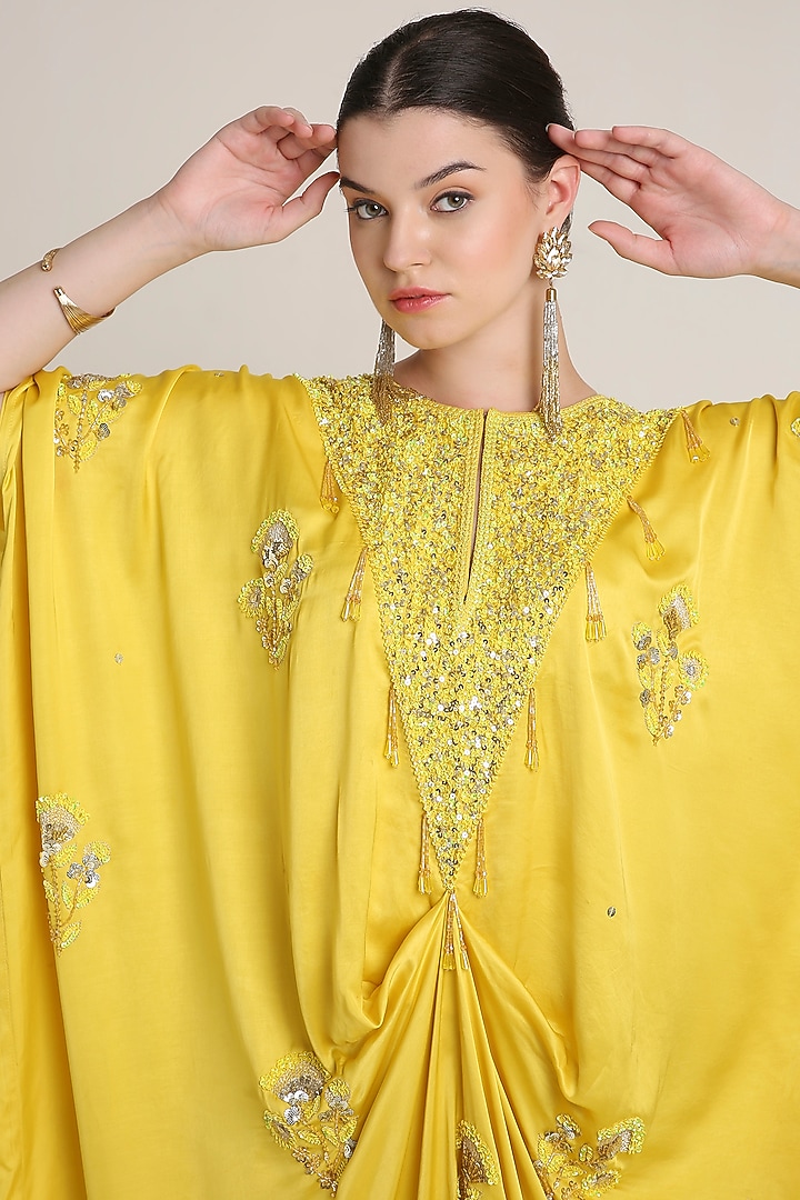 Mustard Yellow Satin Floral Embroidered Kaftan by Keith Gomes at Pernia's Pop Up Shop