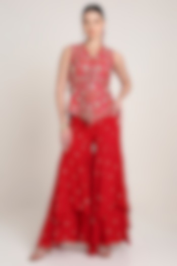Red Georgette Gharara Set by Keith Gomes at Pernia's Pop Up Shop
