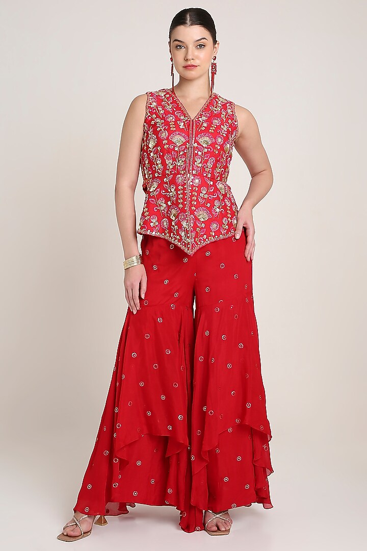 Red Georgette Gharara Set by Keith Gomes at Pernia's Pop Up Shop