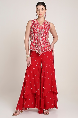 Red Georgette Gharara Set by Keith Gomes
