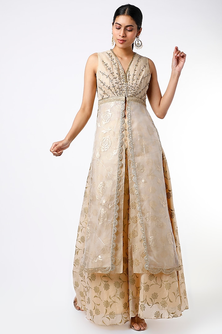 Beige Foil Printed Layered Tunic Set by Keith Gomes