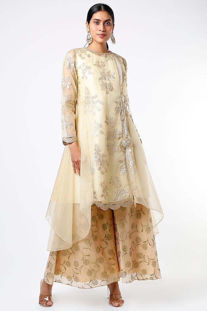 Beige Embroidered Jacket Set by Keith Gomes