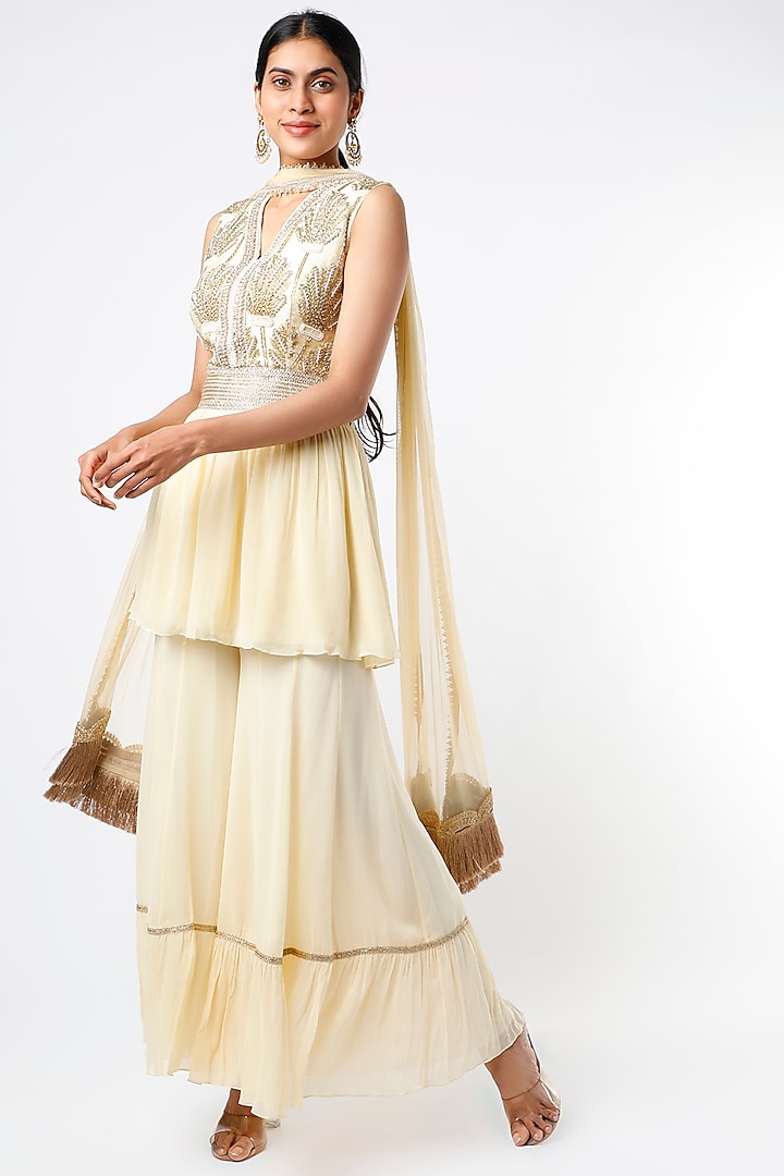 Beige Embroidered Kurta Set by Keith Gomes