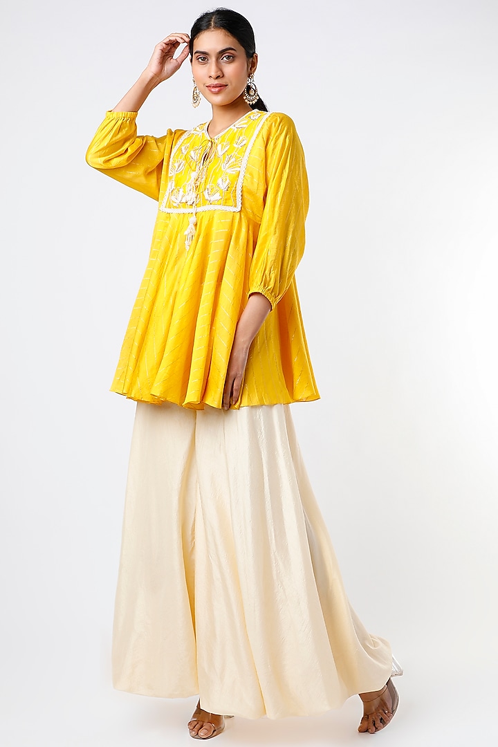 Mustard Beads Embroidered Tunic Set by Keith Gomes