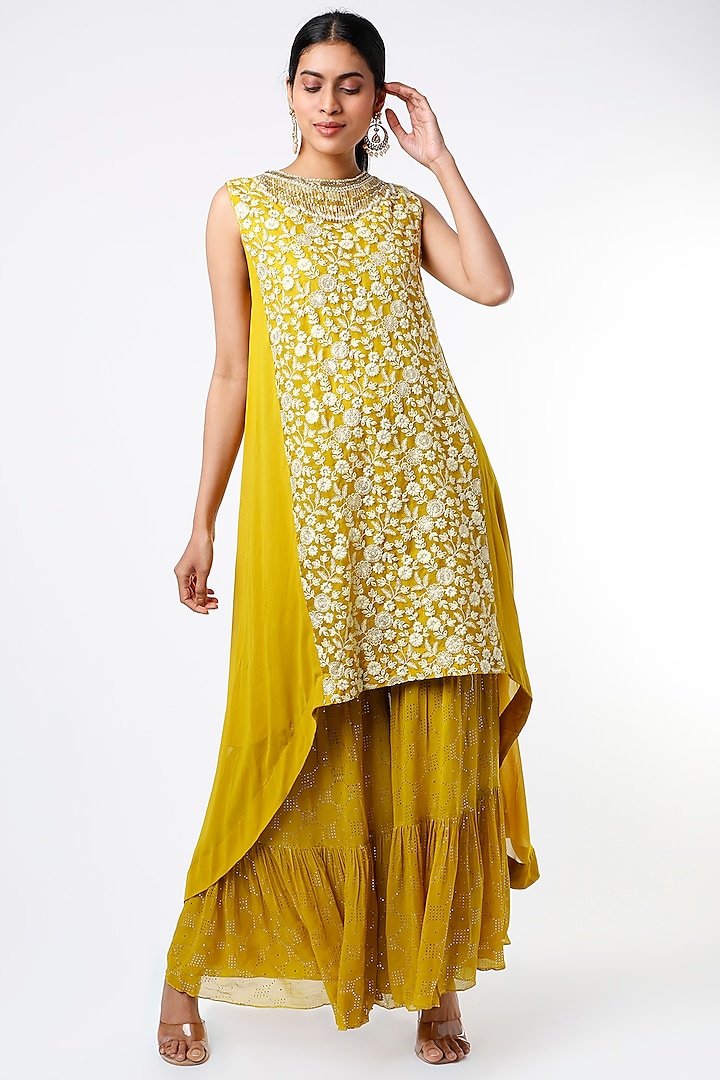 Mustard Embroidered Tunic Set by Keith Gomes