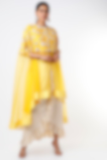 Mustard Embroidered Cape Set by Keith Gomes