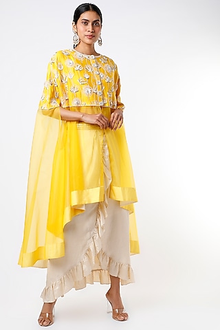 Mustard Embroidered Cape Set by Keith Gomes