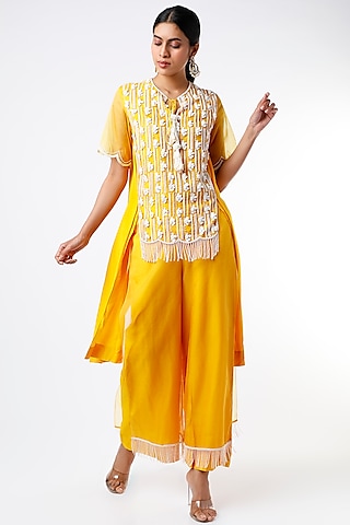 Mustard Embroidered Tunic Set by Keith Gomes