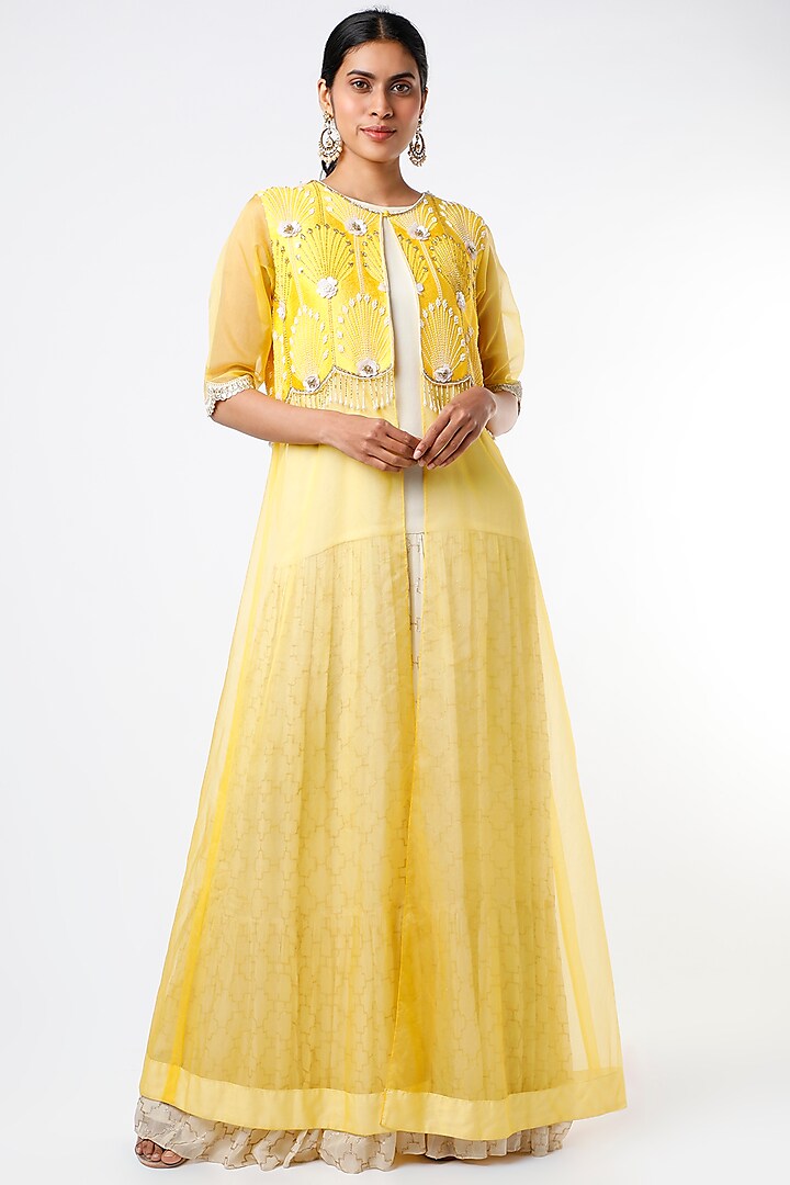 Yellow Dress With Embroidered Jacket by Keith Gomes