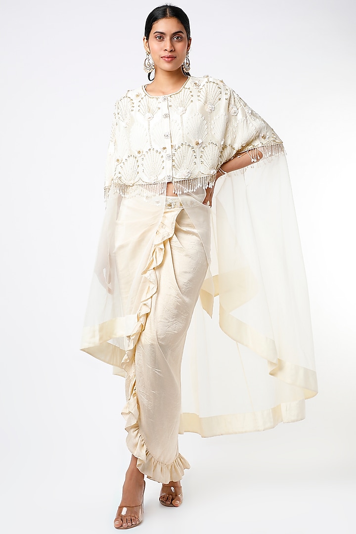 Ivory Silk Ruffled Skirt Set by Keith Gomes