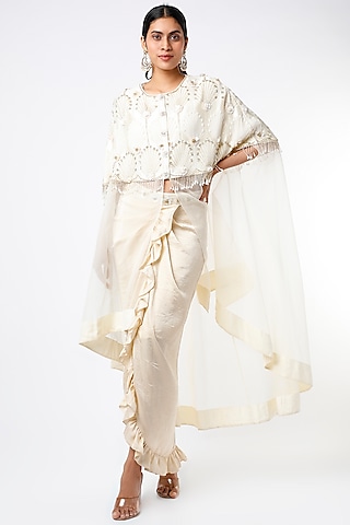 Ivory Silk Ruffled Skirt Set by Keith Gomes