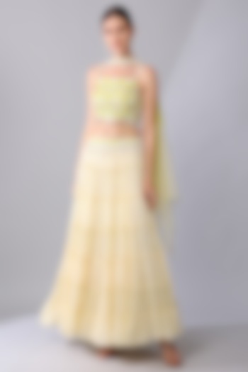 Ivory Georgette Tiered Wedding Lehenga Set by Keith Gomes at Pernia's Pop Up Shop