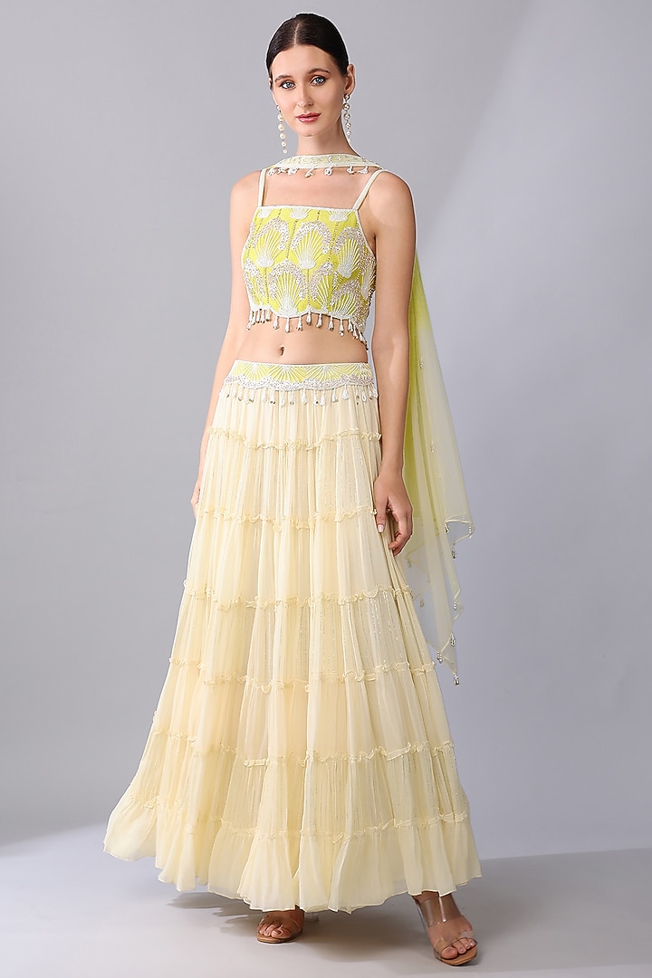 Ivory Georgette Tiered Wedding Lehenga Set by Keith Gomes at Pernia's Pop Up Shop