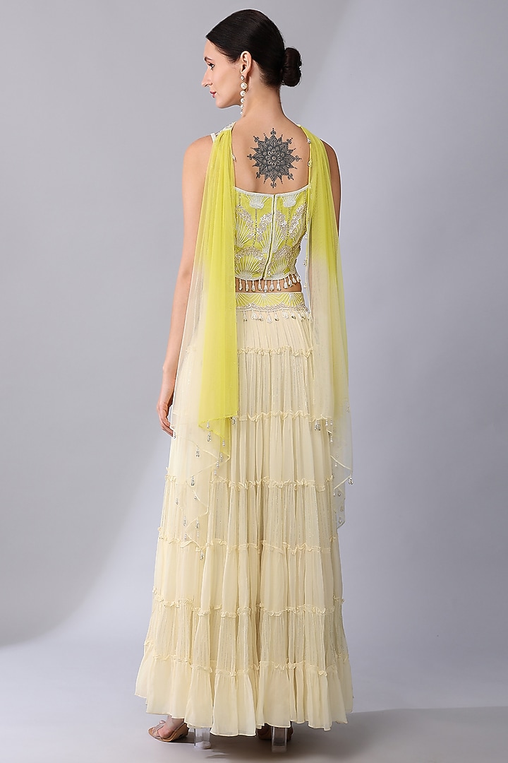 Ivory Georgette Tiered Wedding Lehenga Set by Keith Gomes at Pernia's Pop Up Shop