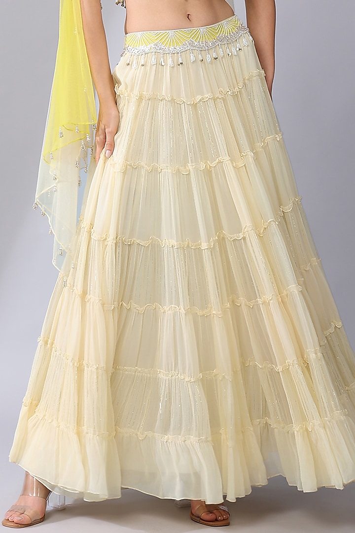 Ivory Georgette Tiered Wedding Lehenga Set by Keith Gomes at Pernia's Pop Up Shop