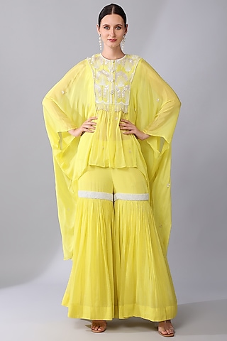 Yellow Georgette Gharara Set by Keith Gomes