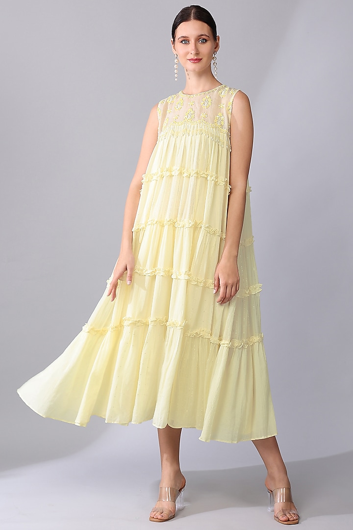 Ivory Cotton Chiffon Tiered Dress by Keith Gomes