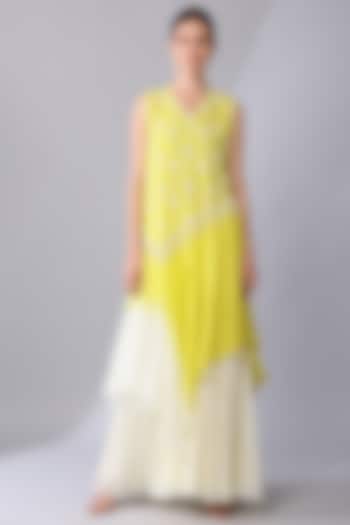 Yellow & Ivory Ombre Silk Organza Embroidered Tunic Set by Keith Gomes at Pernia's Pop Up Shop
