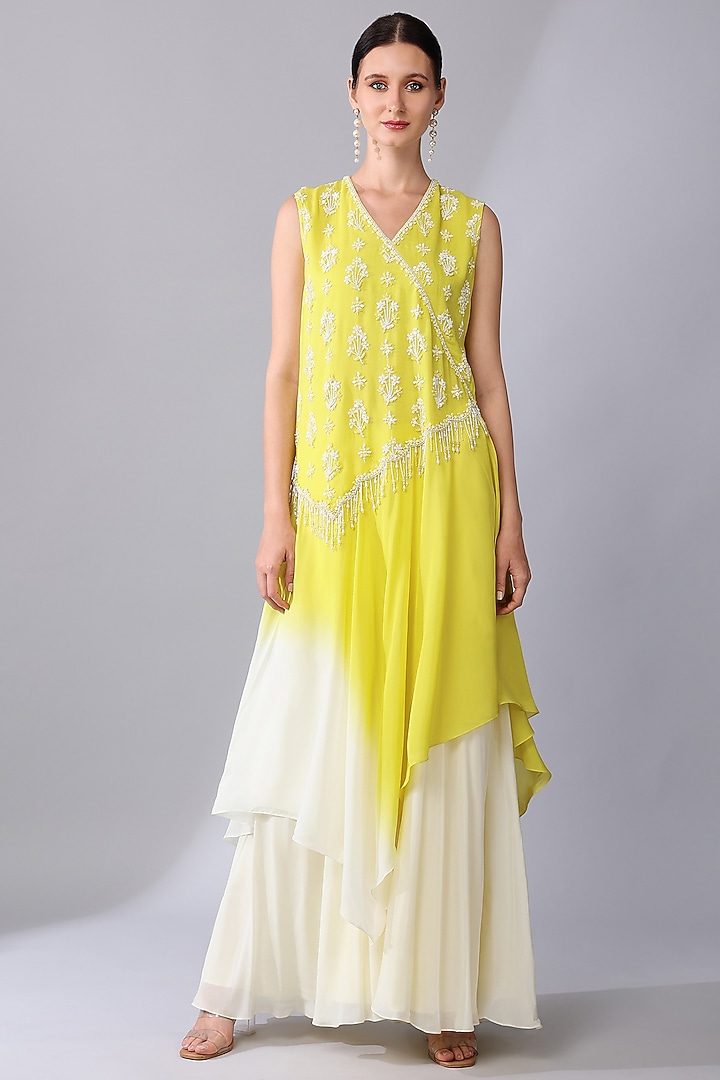 Yellow & Ivory Ombre Silk Organza Embroidered Tunic Set by Keith Gomes at Pernia's Pop Up Shop