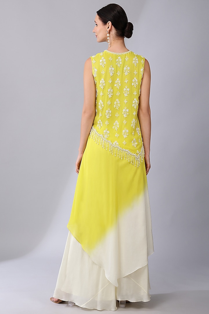 Yellow & Ivory Ombre Silk Organza Embroidered Tunic Set by Keith Gomes at Pernia's Pop Up Shop
