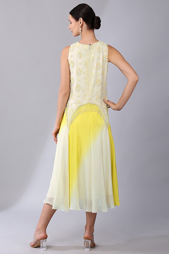 Yellow & Ivory Chiffon Crepe Ombre Embroidered Vacation Dress by Keith Gomes at Pernia's Pop Up Shop