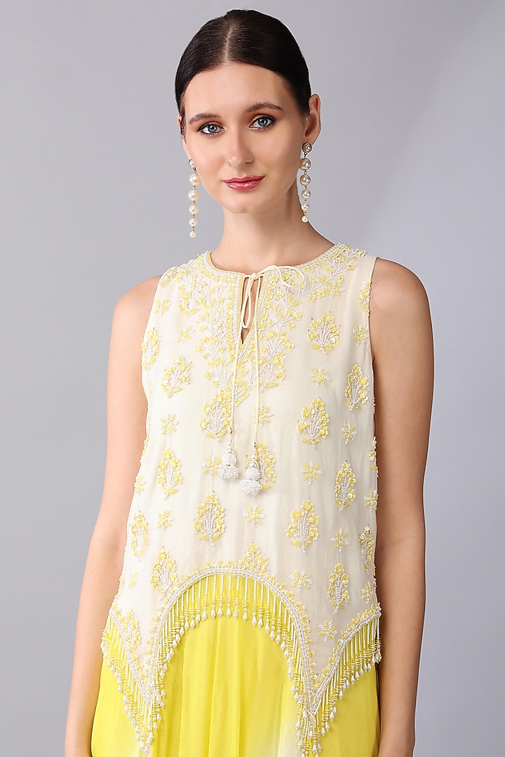 Yellow & Ivory Chiffon Crepe Ombre Embroidered Vacation Dress by Keith Gomes at Pernia's Pop Up Shop