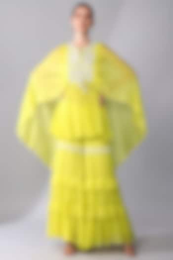 Yellow Georgette Tiered Gharara Set by Keith Gomes at Pernia's Pop Up Shop