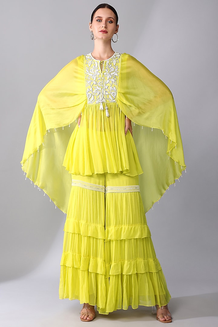 Yellow Georgette Tiered Gharara Set by Keith Gomes at Pernia's Pop Up Shop