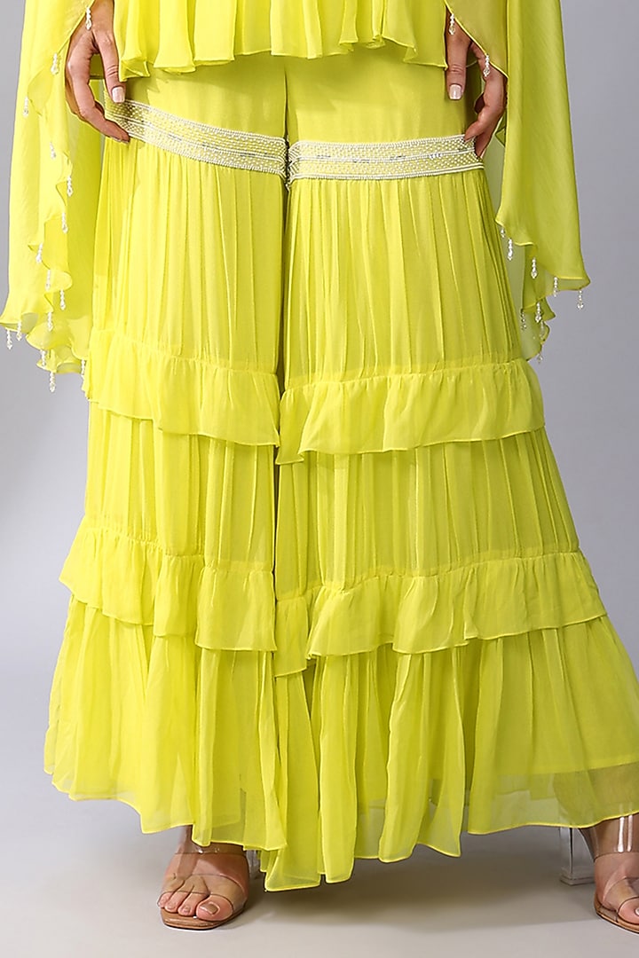 Yellow Georgette Tiered Gharara Set by Keith Gomes at Pernia's Pop Up Shop