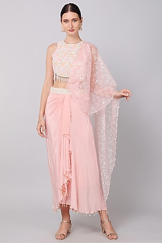 Pink Crepe Skirt Set by Keith Gomes