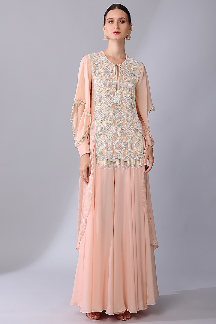 Pink Chiffon Crepe Embroidered Kurta Set by Keith Gomes at Pernia's Pop Up Shop