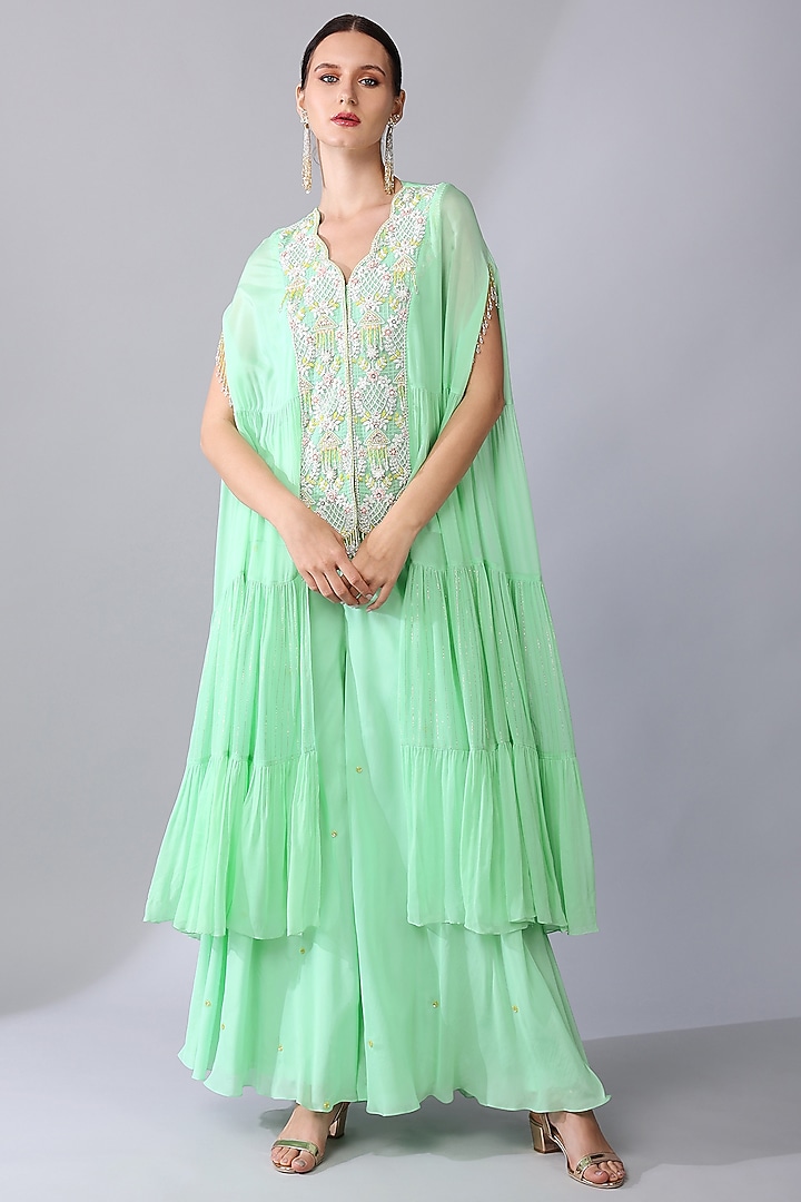Mint Green Georgette Embroidered Tiered Tunic Set by Keith Gomes at Pernia's Pop Up Shop