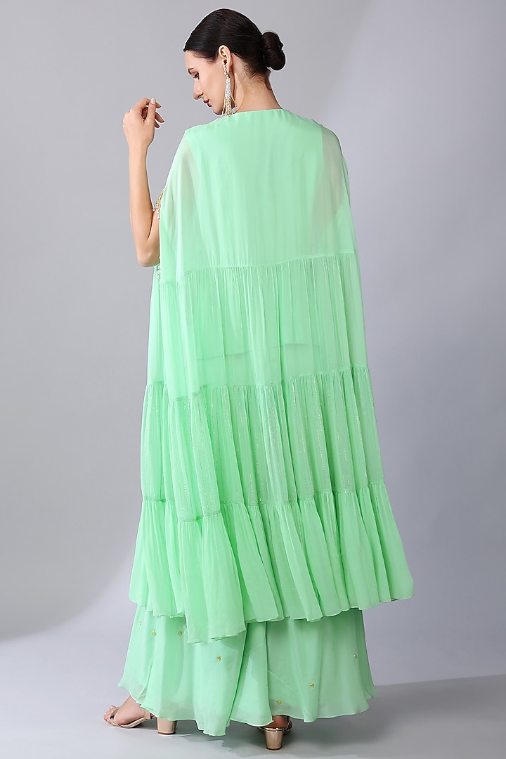 Mint Green Georgette Embroidered Tiered Tunic Set by Keith Gomes at Pernia's Pop Up Shop