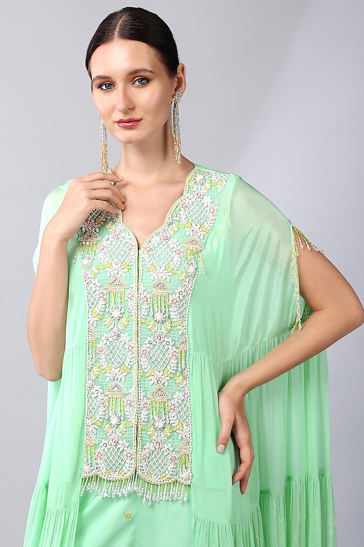 Mint Green Georgette Embroidered Tiered Tunic Set by Keith Gomes at Pernia's Pop Up Shop